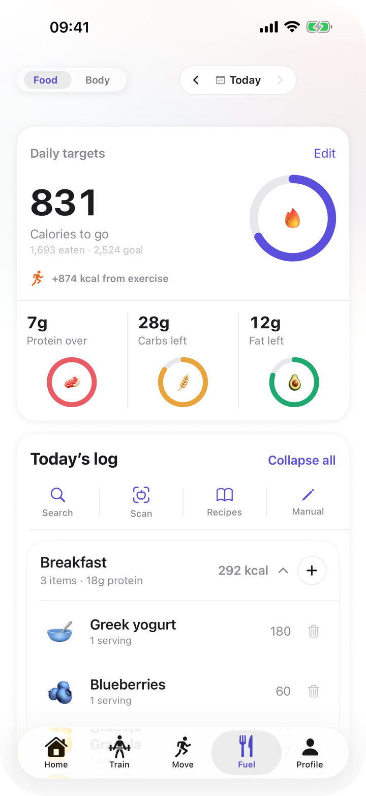 Bayda's Fuel tab: the day's calories and macros above the meals logged so far.