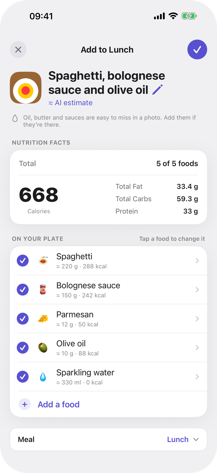 The food scan in Bayda: a meal broken into foods, with calories, protein, carbs and fat.