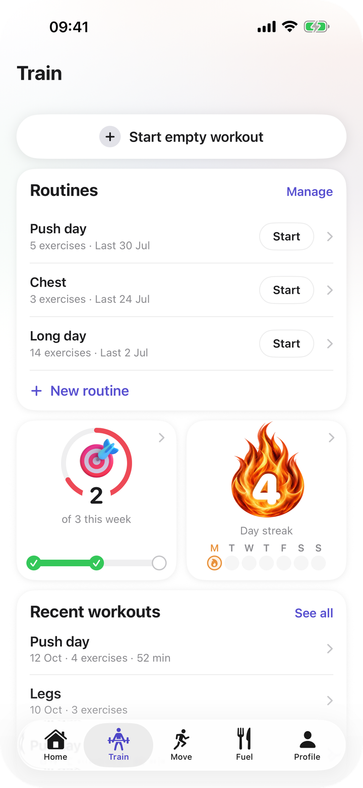 Bayda's Train tab: routines, the weekly goal and the day streak.