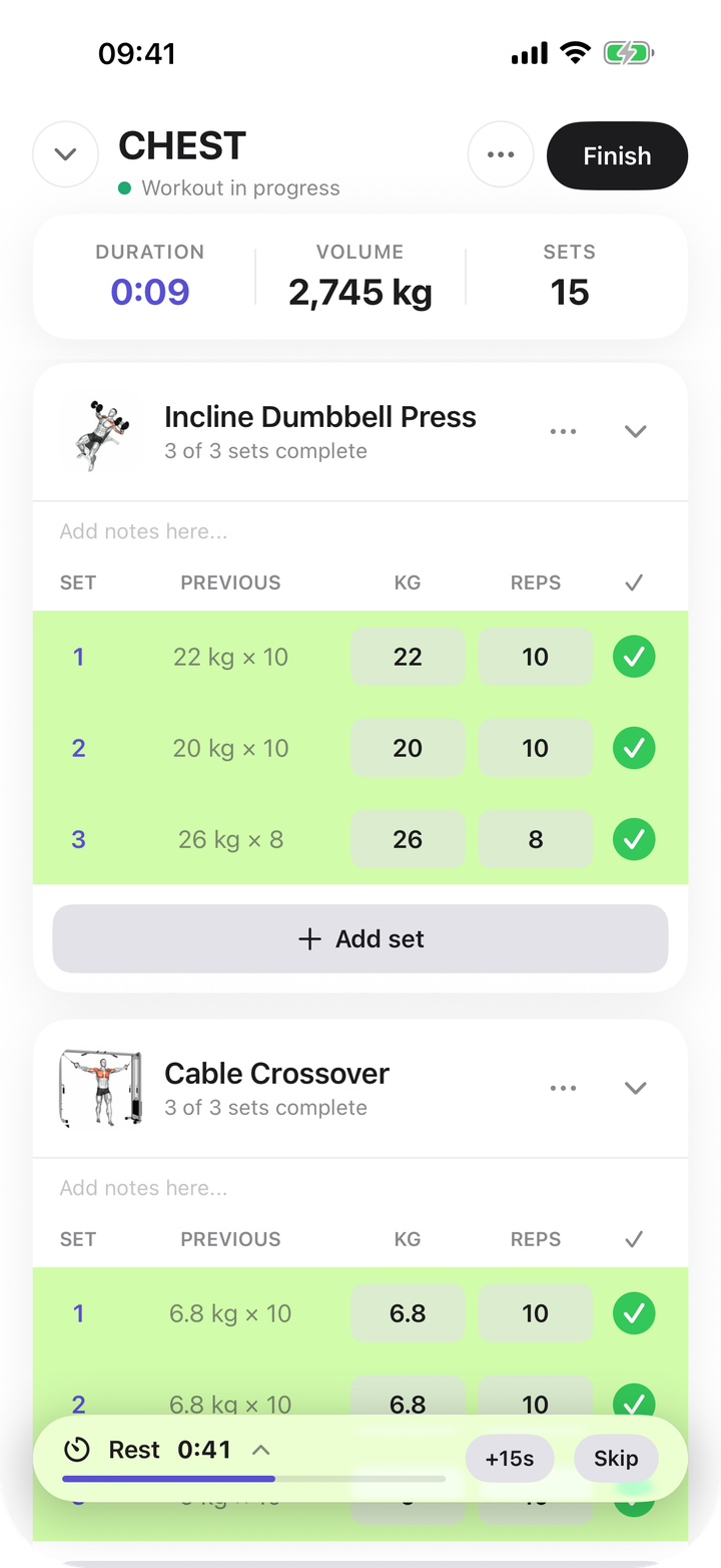 A strength workout in progress in Bayda, with sets ticked off and a rest timer.